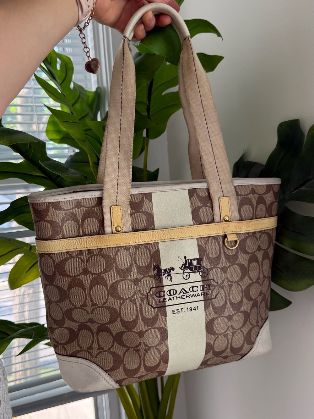 Coach Signature Brown Canvas Tote with Cream Stripe